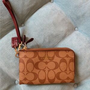 Coach Tan and Red Signature Jacquard Print Leather Wristlet Pouch